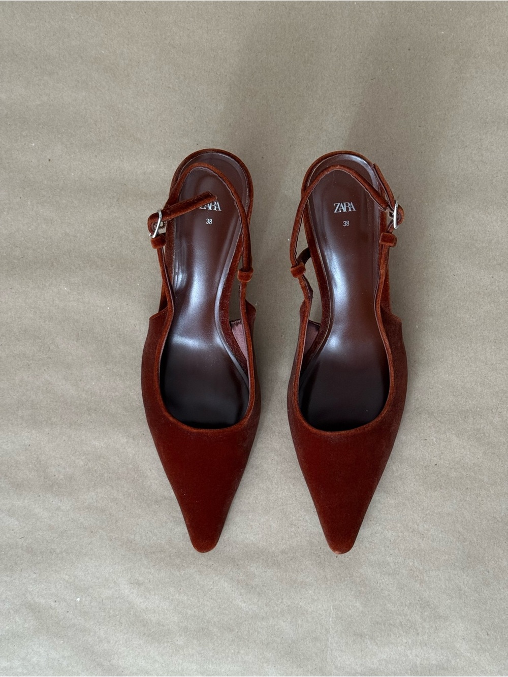 ZARA Pointed Slingback Pumps in Deep Brown/Red Velvet